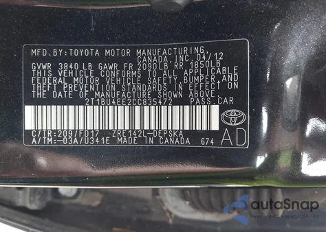 2012 Toyota Corolla S z USA, uszkodzony, nr VIN 2T1BU4EE2CC835472